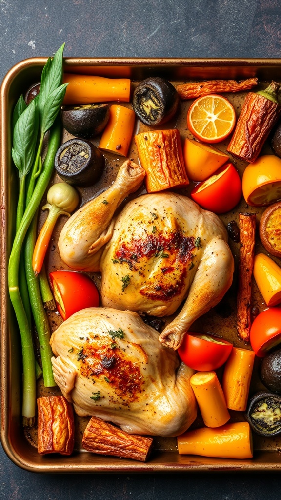One-Pan Chicken and Vegetables with colorful veggies and roasted chicken.