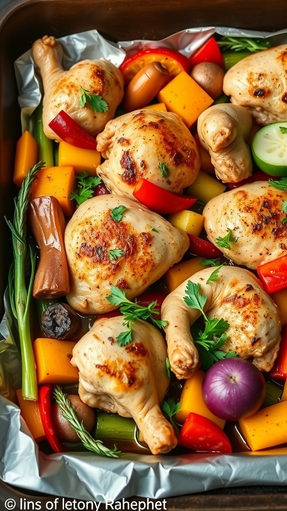 A delicious one-pan chicken and veggie bake with colorful vegetables and juicy chicken drumsticks.