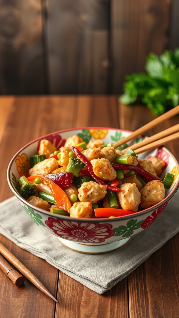 A colorful bowl of chicken and veggie stir-fry with chopsticks.