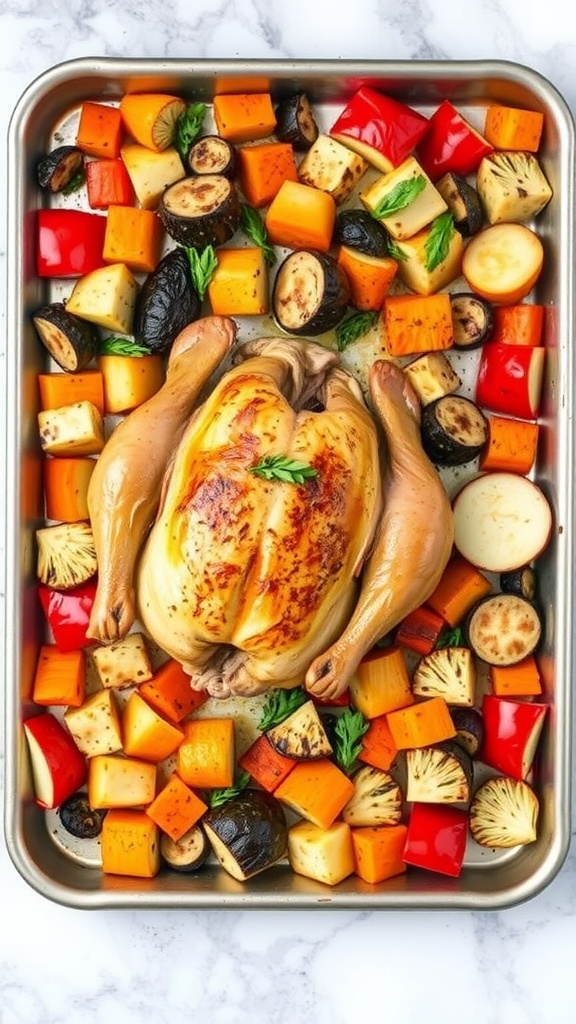 A hearty meal of roasted chicken and colorful vegetables.
