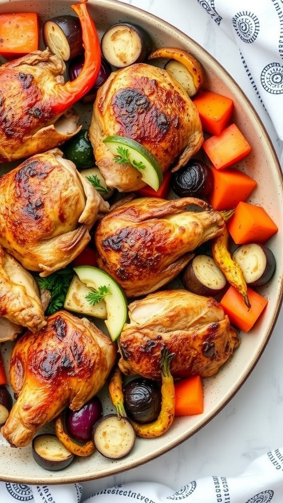 A delicious one-pan meal featuring chicken thighs and mixed veggies.