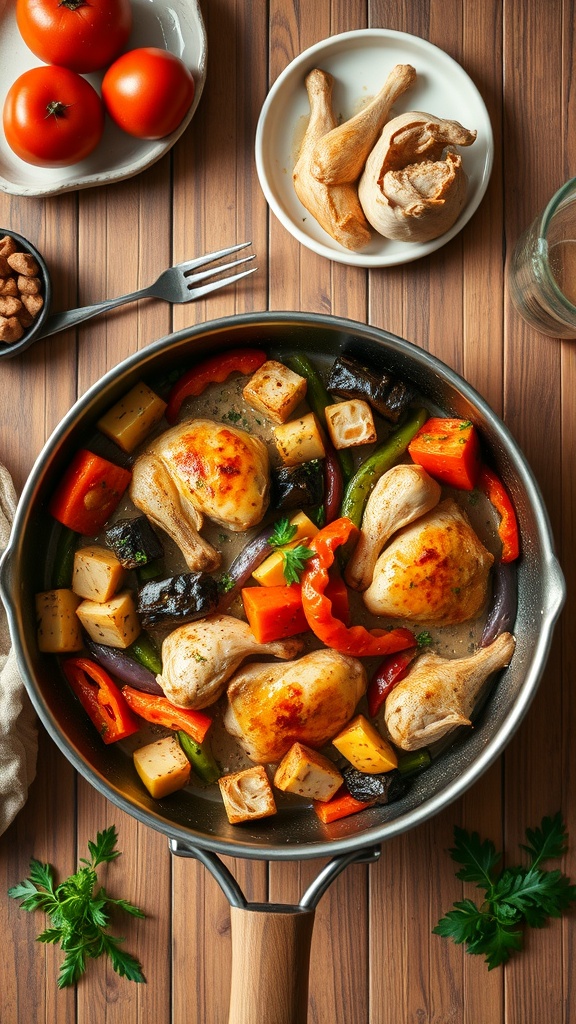 A one-pan meal featuring chicken and colorful vegetables, ready to be served.