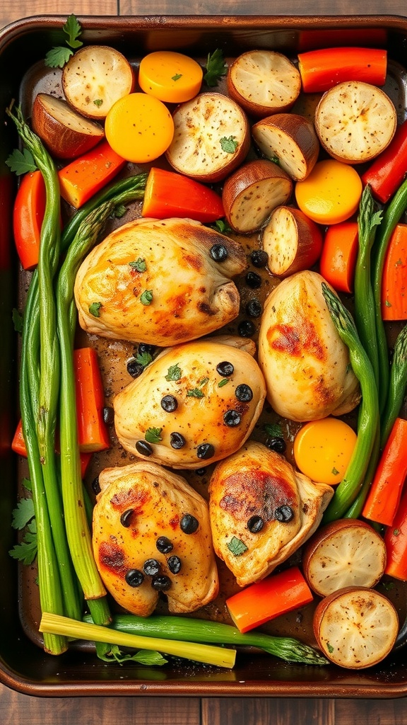 A colorful one-pan chicken and veggies dish with chicken breasts, potatoes, carrots, and green beans.