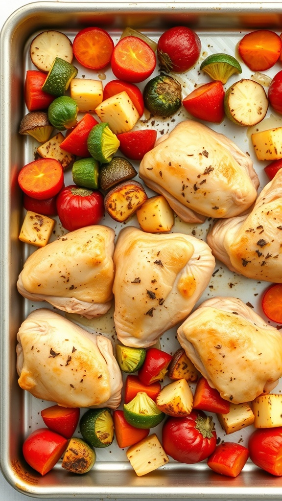 One-pan chicken and veggies with colorful vegetables and chicken thighs on a baking sheet.