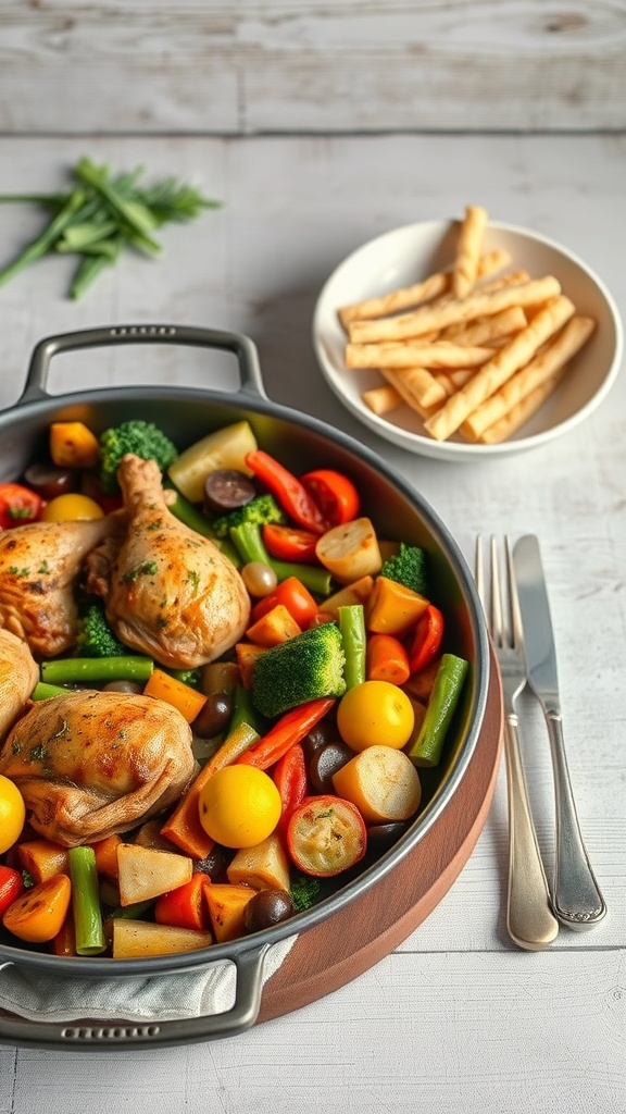 A one-pan meal featuring chicken thighs and colorful vegetables like broccoli, bell peppers, and potatoes.