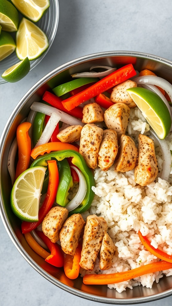 A colorful one-pan chicken fajita meal prep bowl with chicken, bell peppers, and rice, garnished with lime.