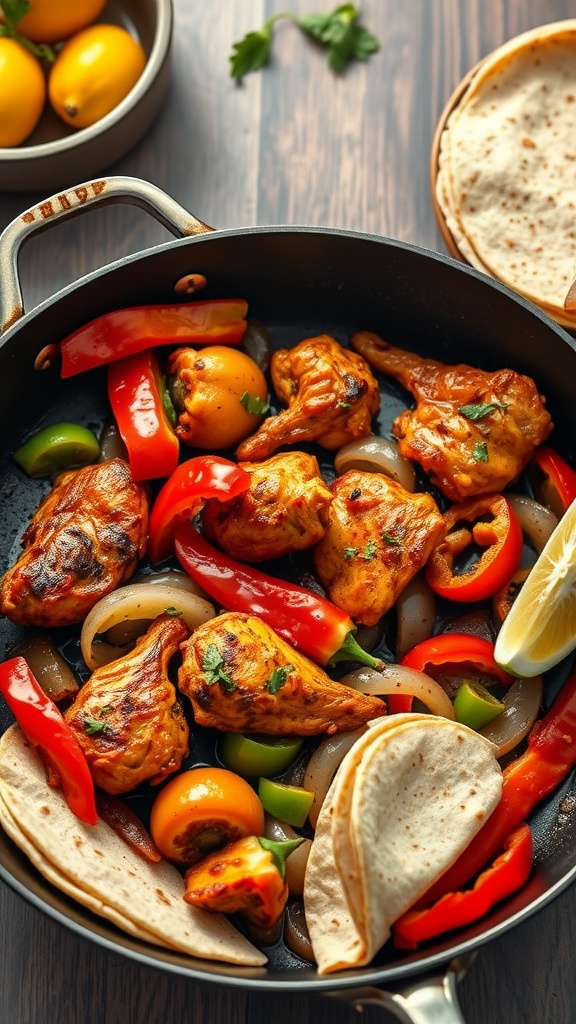 One-pan chicken fajitas with colorful peppers and tortillas