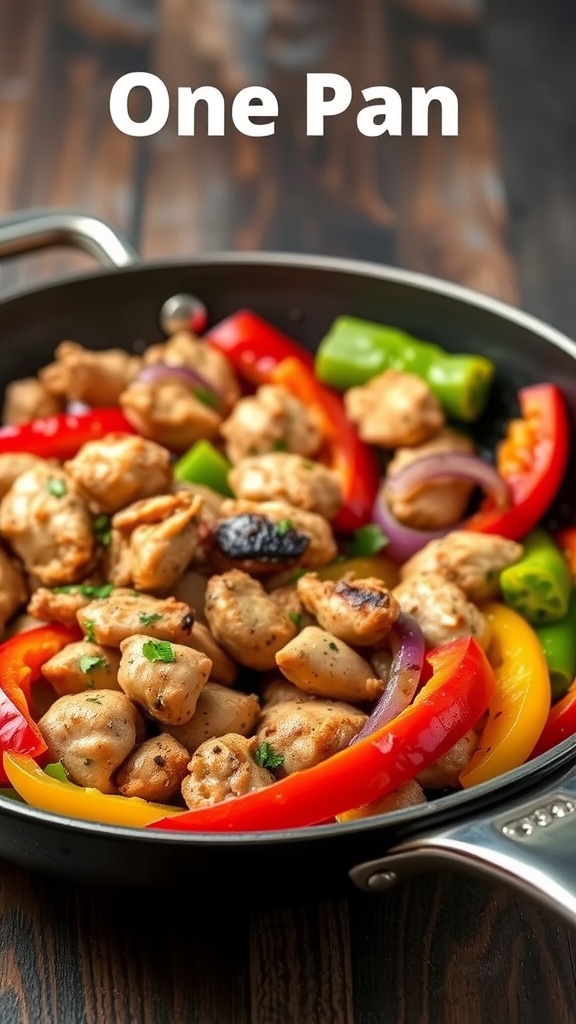 A colorful one-pan chicken fajitas dish with bell peppers and onions.