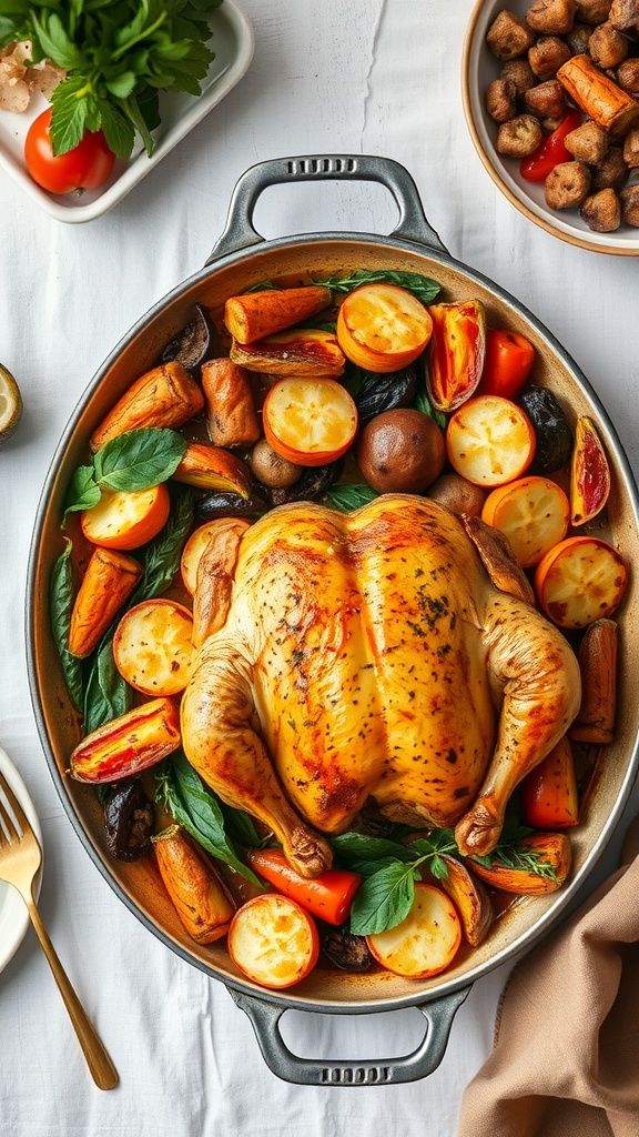 A delicious one-pan roasted chicken with mixed vegetables.