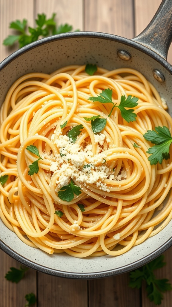 A bowl of garlic butter pasta garnished with parsley and cheese