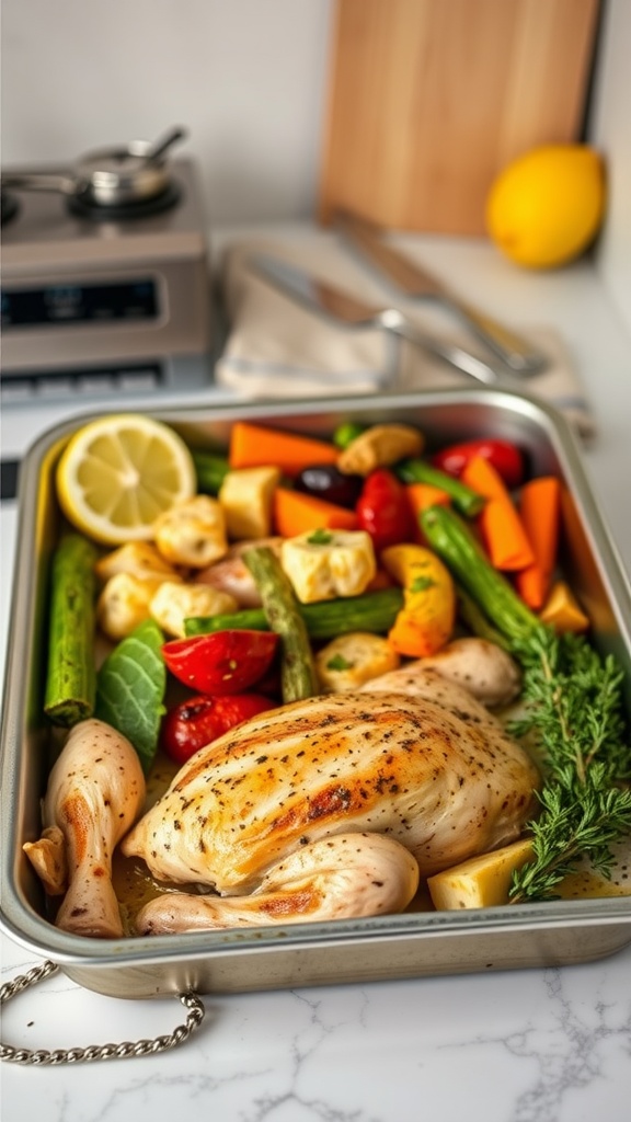 A prepared dish of lemon garlic chicken with colorful vegetables on a baking sheet.