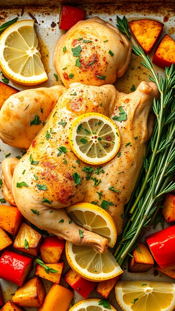 A delicious one-pan lemon garlic chicken dish with vibrant vegetables.