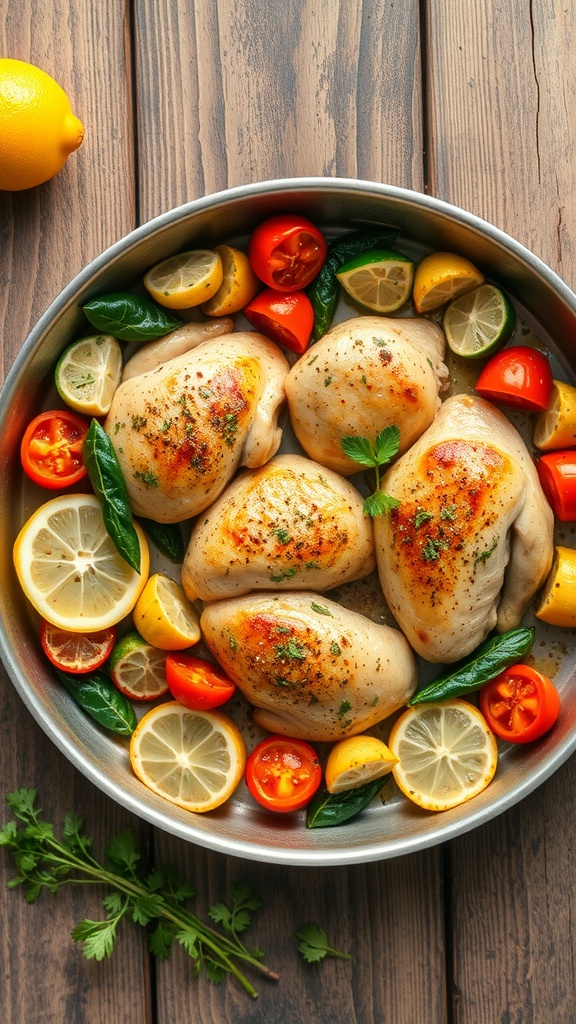 A pan of lemon garlic chicken with tomatoes and lemon slices on a wooden table.
