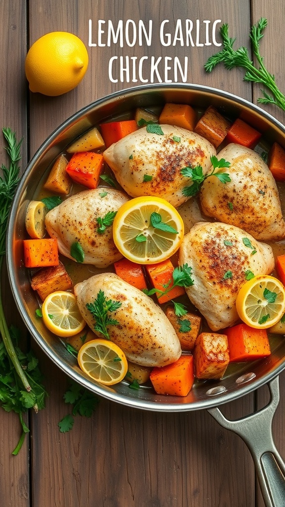 One-Pan Lemon Garlic Chicken with vegetables and lemon slices