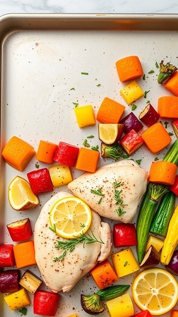 A one-pan meal featuring chicken breasts, lemon slices, and colorful bell peppers and zucchini.