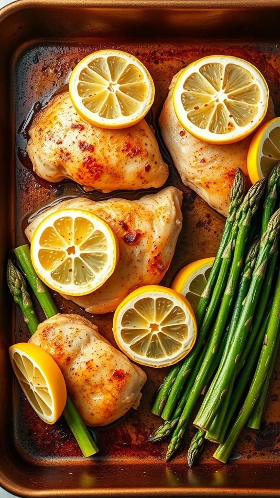 A delicious one-pan lemon garlic chicken dish with asparagus and lemon slices.