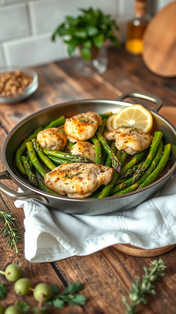A pan of lemon garlic chicken thighs with asparagus, garnished with lemon slices and herbs.