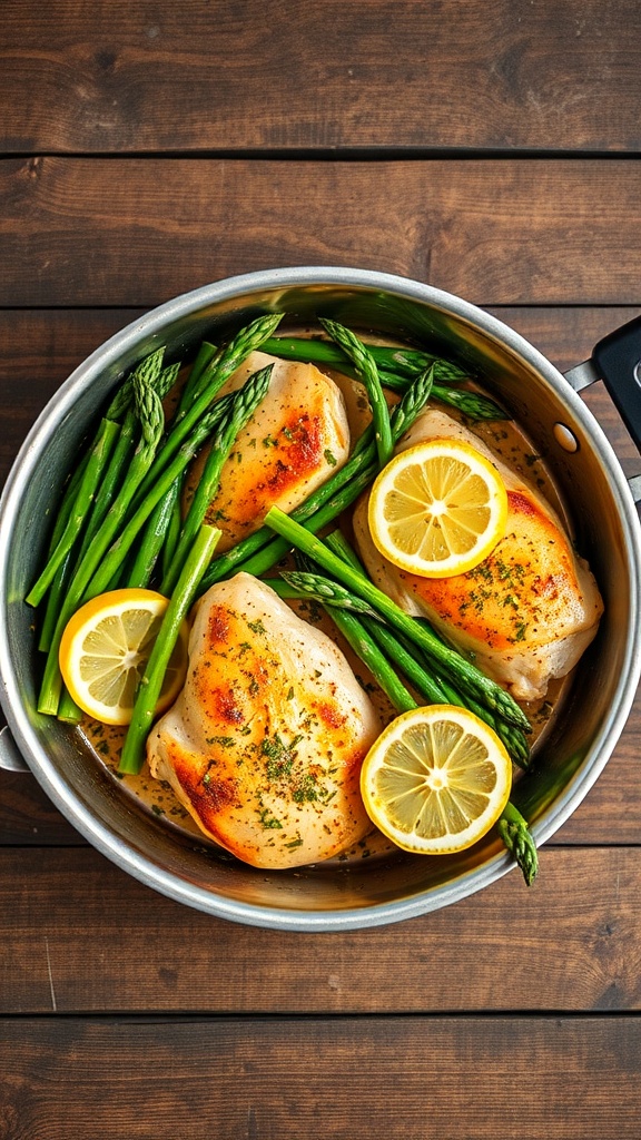 One-Pan Lemon Garlic Chicken and Asparagus with lemon slices and green asparagus in a skillet.