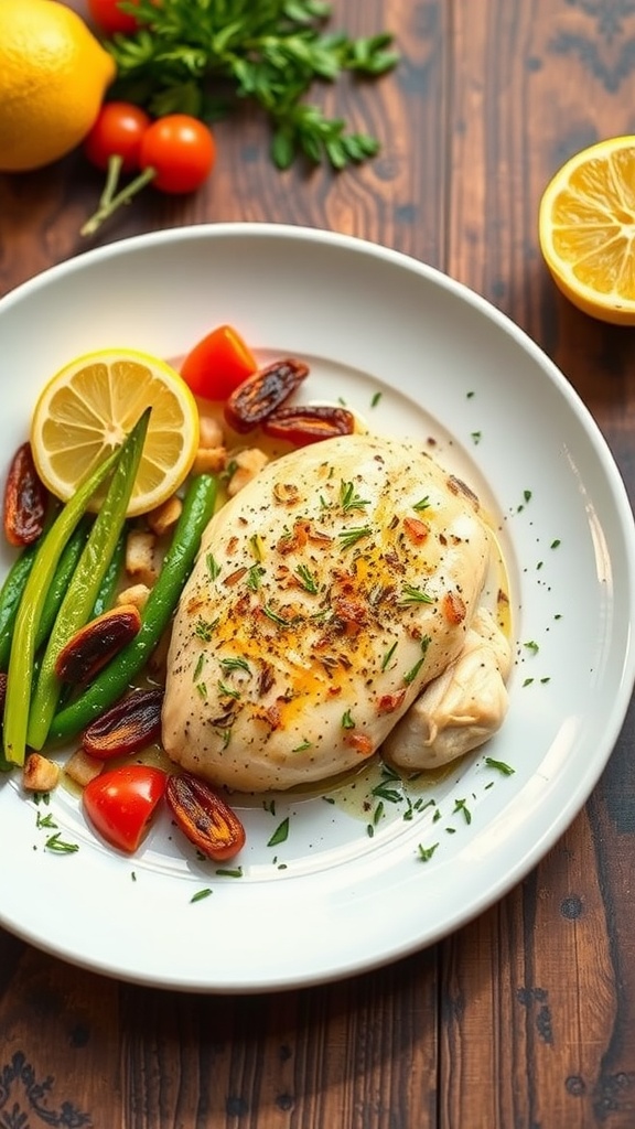 A plate of lemon garlic chicken with vegetables, garnished with herbs.