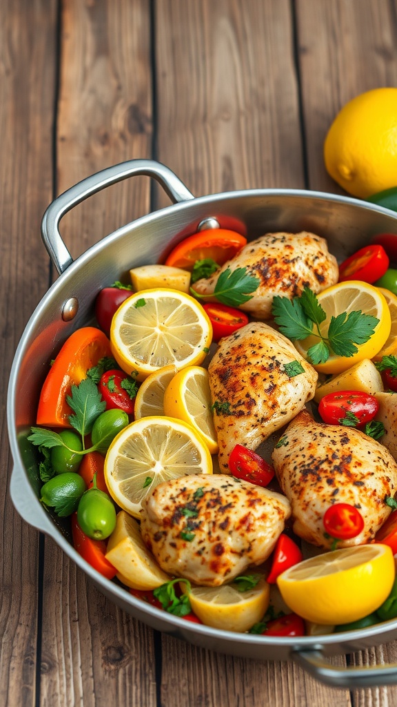 A pan of lemon garlic chicken with colorful vegetables.