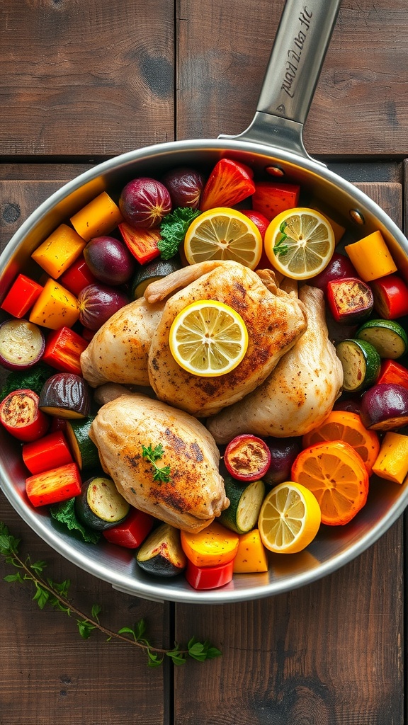 A one-pan meal featuring lemon garlic chicken and colorful vegetables.