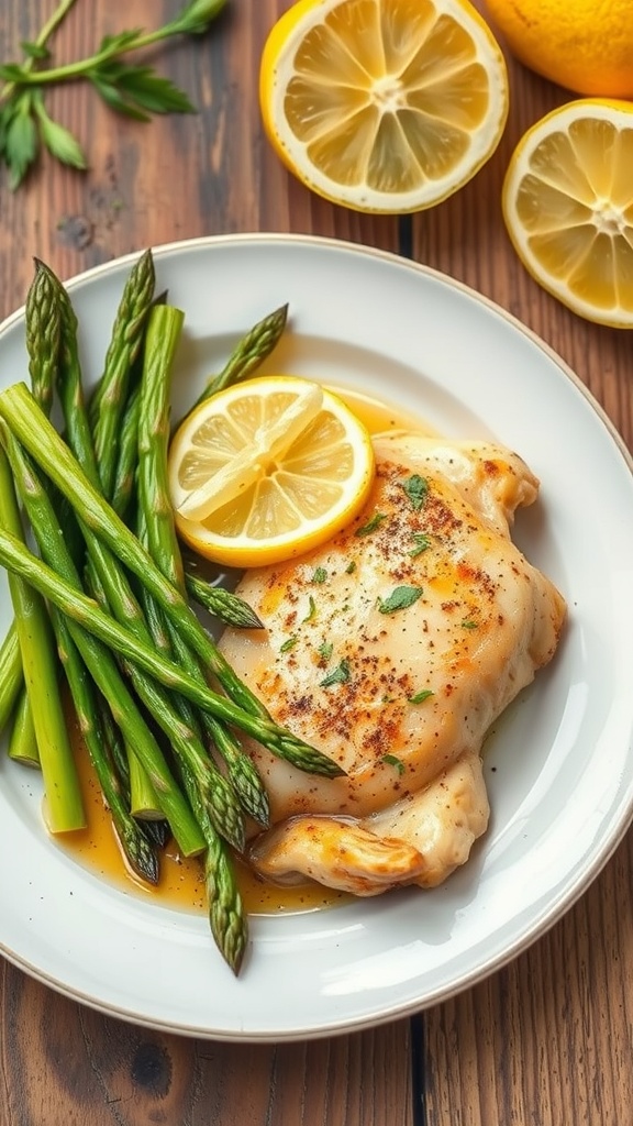 A plate of lemon garlic chicken with asparagus and lemon slices