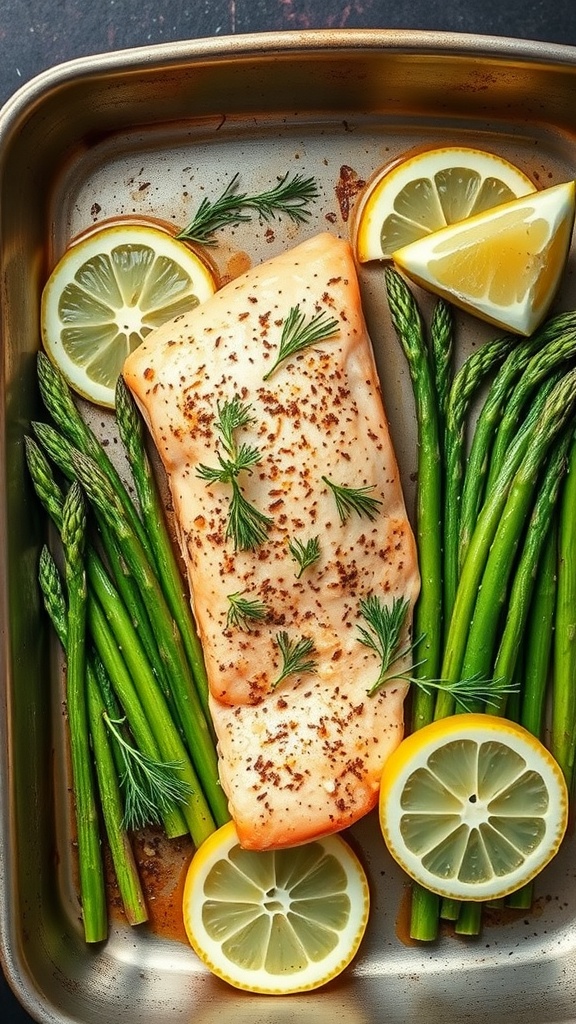 Lemon garlic salmon with asparagus and lemon slices on a baking sheet.
