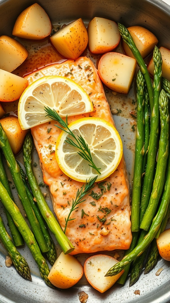 One-Pan Lemon Garlic Salmon with asparagus and baby potatoes