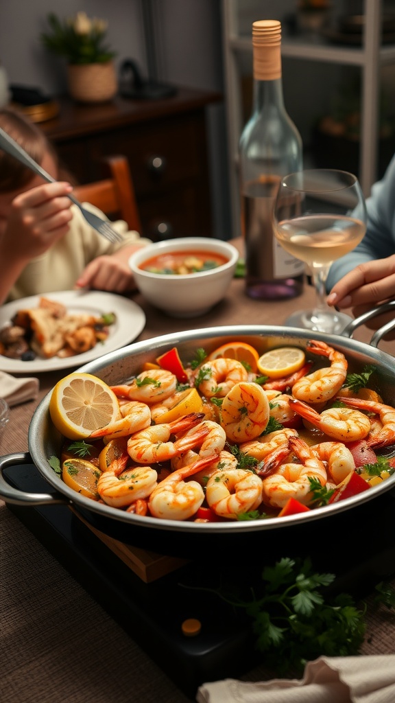 A delicious one-pan lemon garlic shrimp dish served with colorful peppers and garnished with lemon slices.