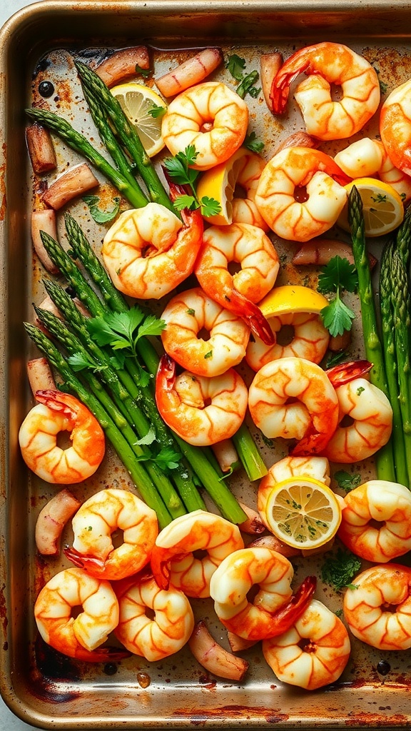 A vibrant one-pan meal featuring lemon garlic shrimp and asparagus, garnished with parsley and lemon slices.