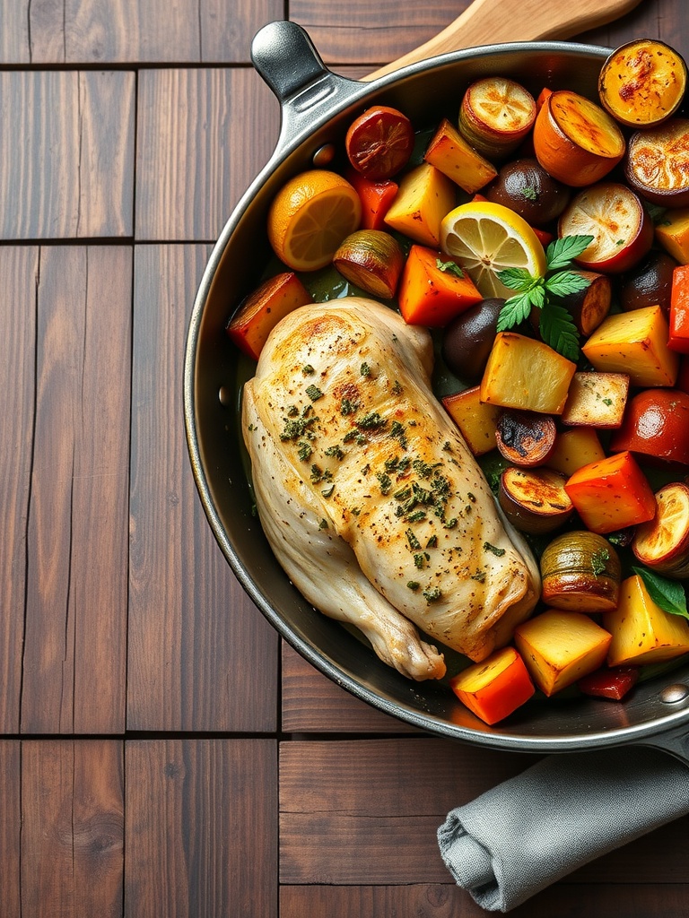 One-pan lemon herb chicken breast with colorful vegetables in a skillet