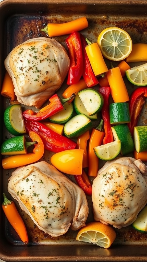 A tray of roasted chicken thighs with colorful bell peppers and zucchini, garnished with lemon slices.