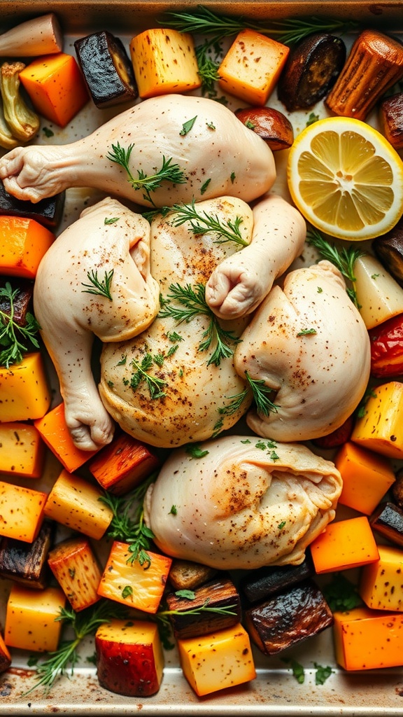 A delicious one-pan lemon herb chicken dish with assorted veggies.