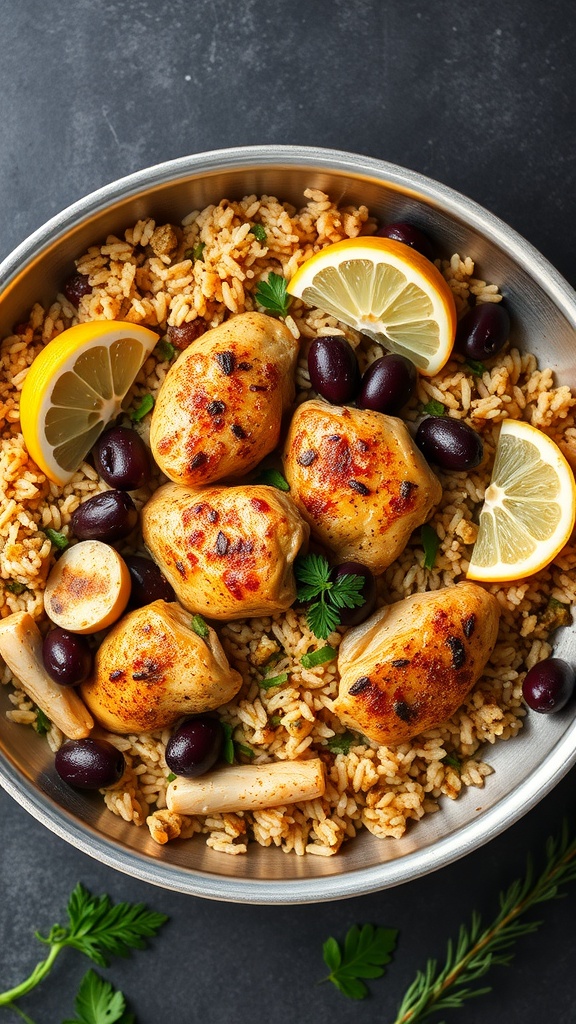 A delicious one-pan Mediterranean chicken and rice dish with olives and lemon slices.