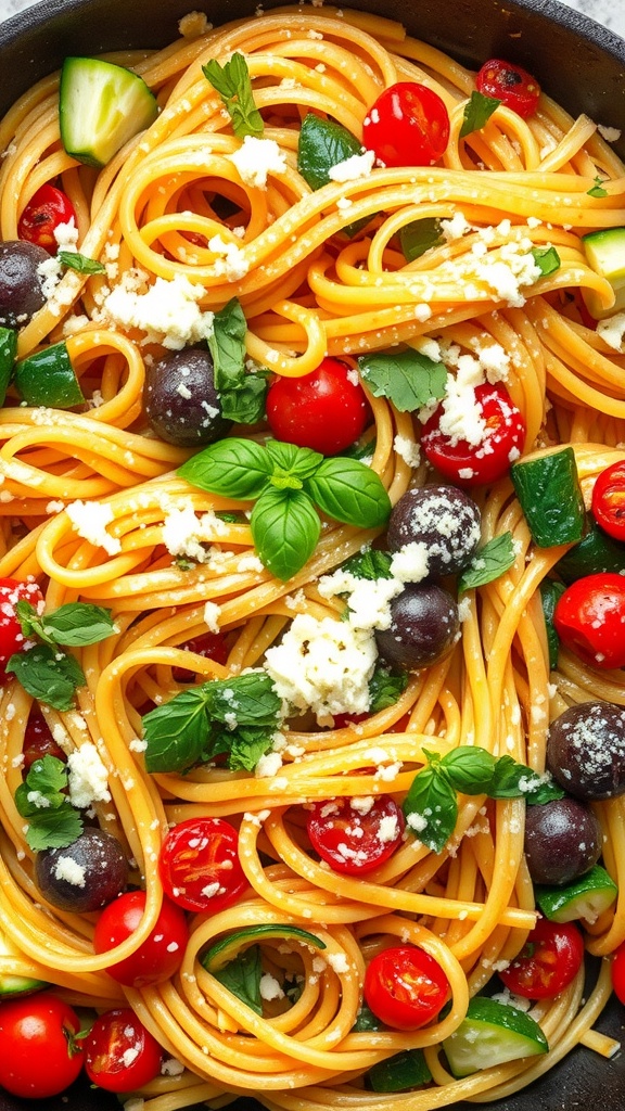 A colorful dish of pasta primavera featuring vibrant vegetables and spaghetti.