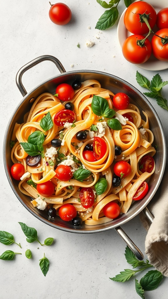 A vibrant dish of One-Pan Pasta Primavera with cherry tomatoes, olives, and fresh basil.