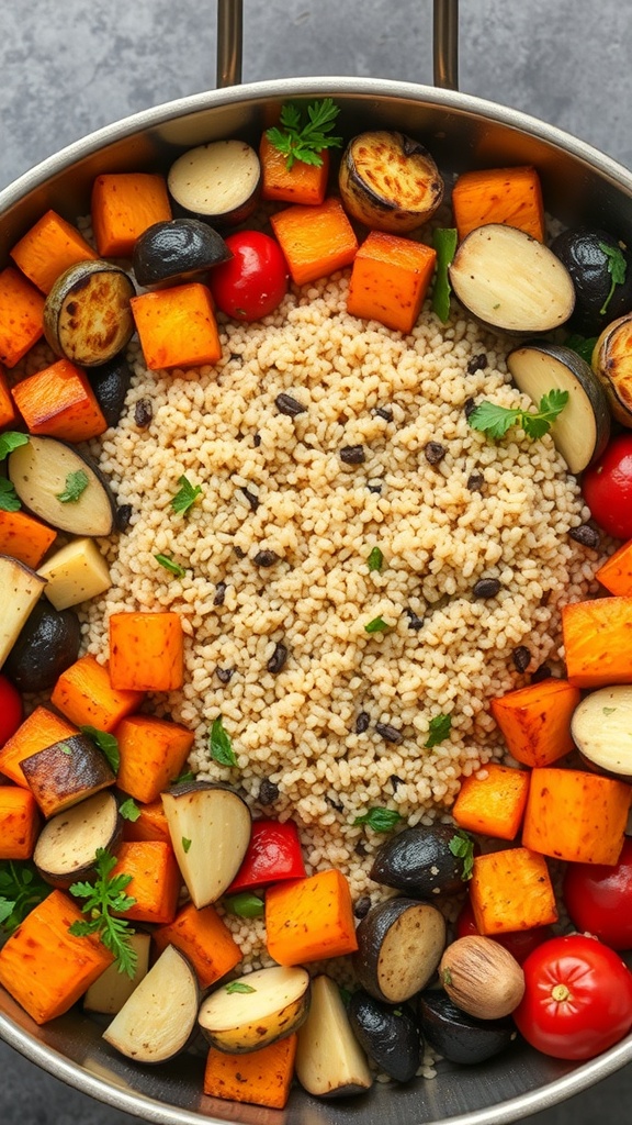 A colorful one-pan quinoa and veggie dish with roasted sweet potatoes, cherry tomatoes, and zucchini.