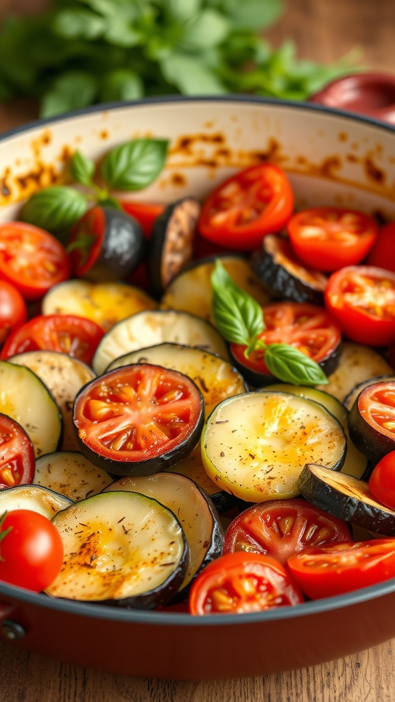 A colorful assortment of sliced zucchini, bell peppers, and eggplant in a pan, ready to be roasted.
