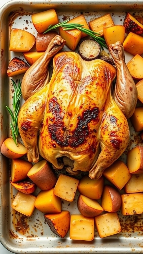 A flavorful one-pan roasted chicken with potatoes, seasoned with herbs.