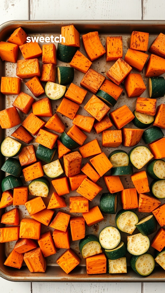 A tray of colorful roasted sweet potatoes and zucchini, ready for meal prep.