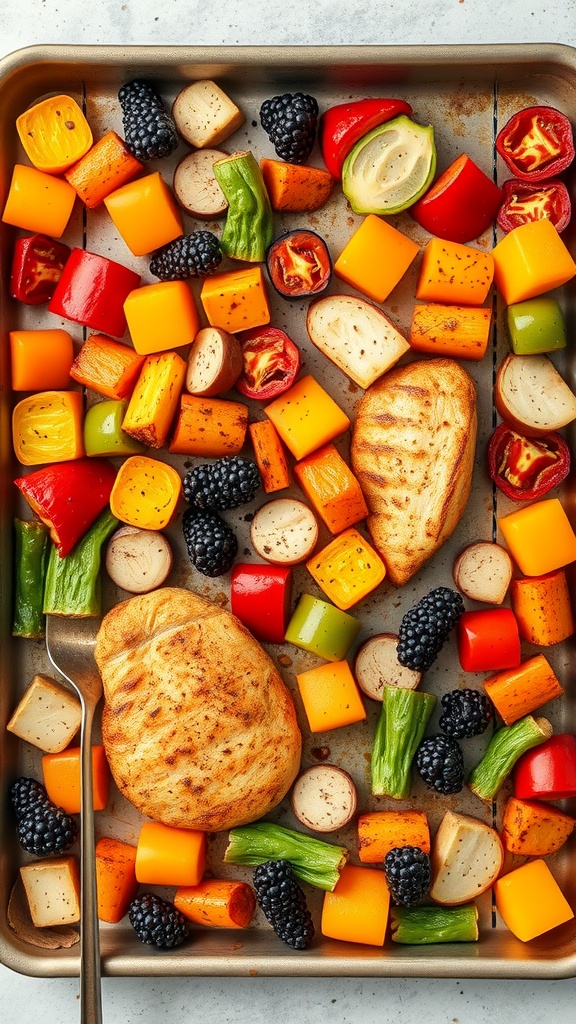 A colorful one-pan sheet meal with chicken, various vegetables, and blackberries