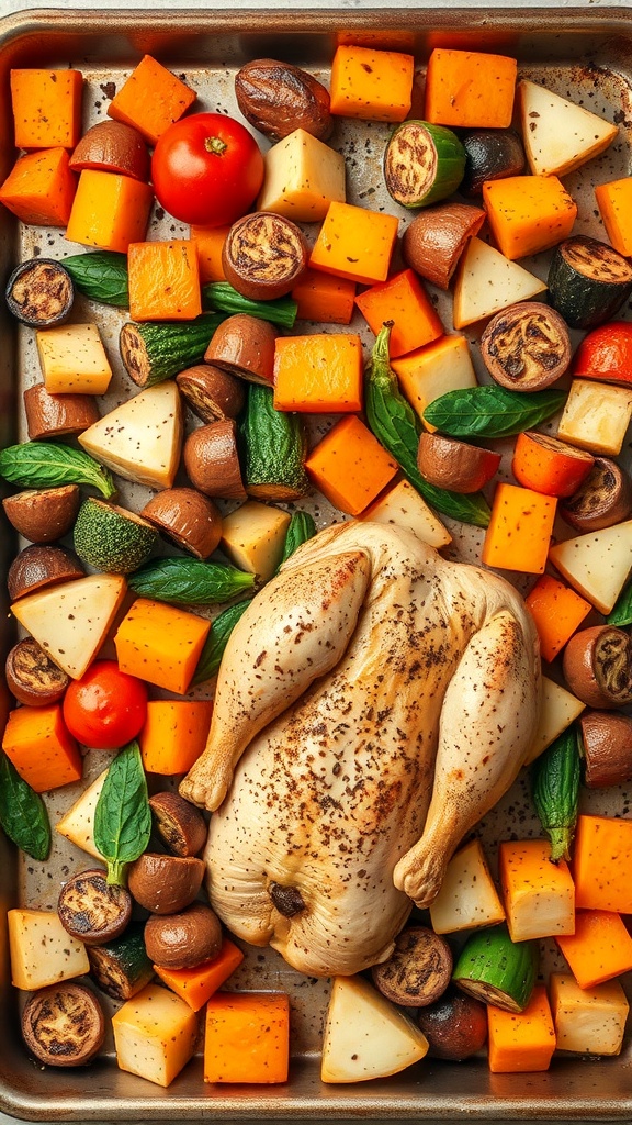 A one-pan sheet meal featuring a whole chicken surrounded by colorful vegetables like butternut squash, cherry tomatoes, and spinach.