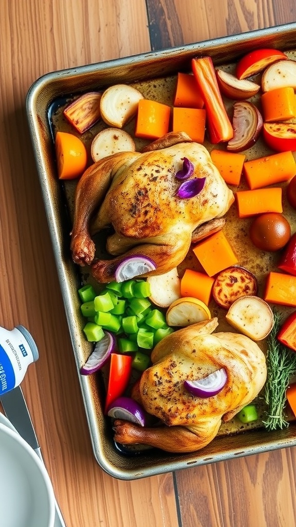 A one-pan sheet meal featuring roasted chicken and assorted vegetables.