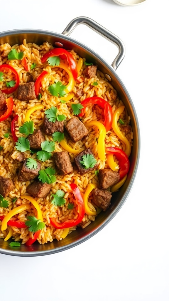 Delicious one-pan taco rice served with colorful veggies and cilantro.