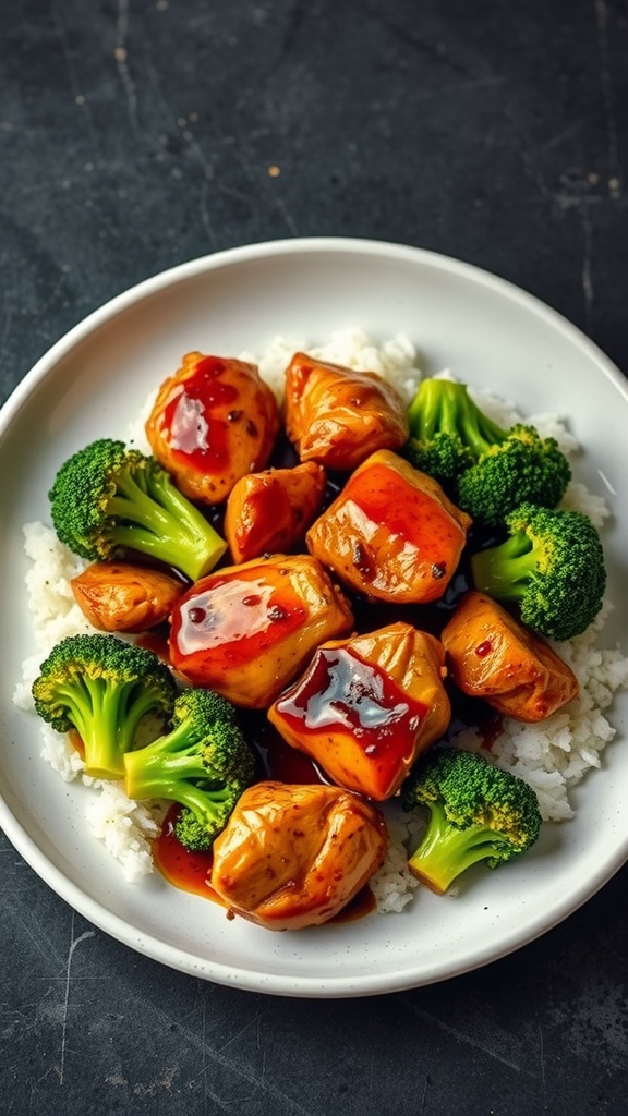 A plate of One-Pan Teriyaki Chicken with broccoli and rice.
