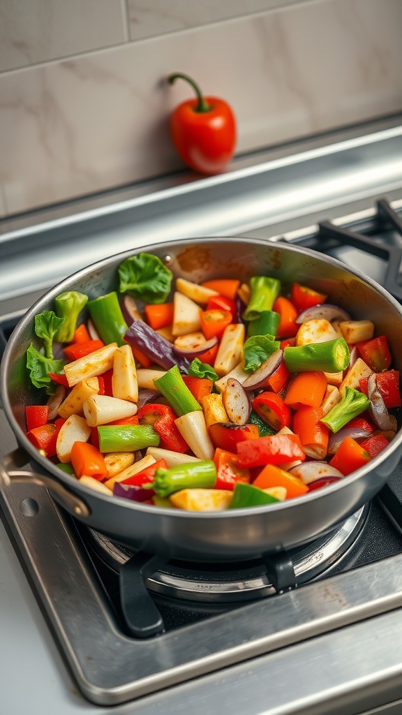 Colorful vegetables being stir-fried in a pan on a stove.