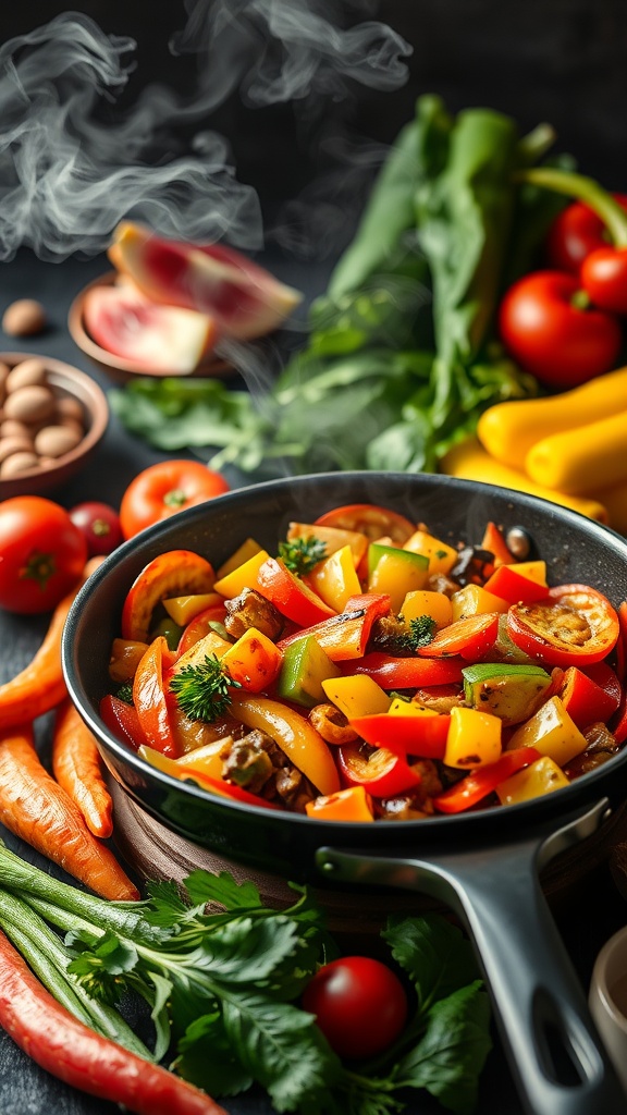 A colorful one-pan vegetable stir-fry with bell peppers, carrots, and broccoli in a savory sauce.