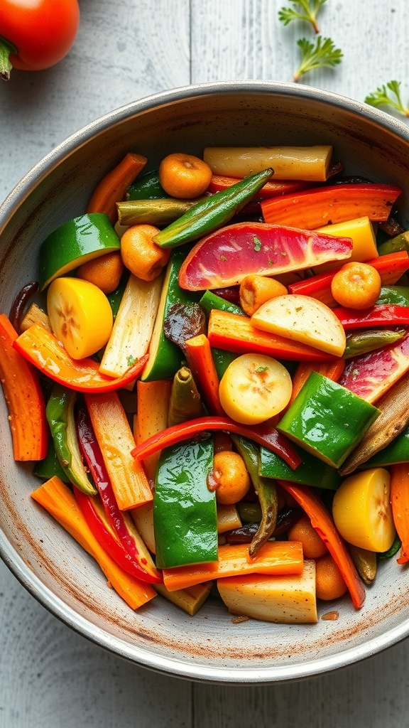 A colorful one-pan veggie stir-fry with various fresh vegetables.