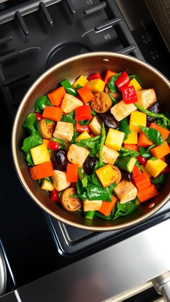 A colorful one-pan meal with chicken and assorted vegetables cooking on a stove.