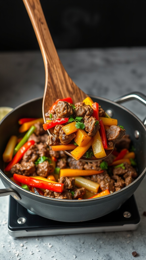 A vibrant one-pot beef and vegetable stir-fry with colorful bell peppers and broccoli.